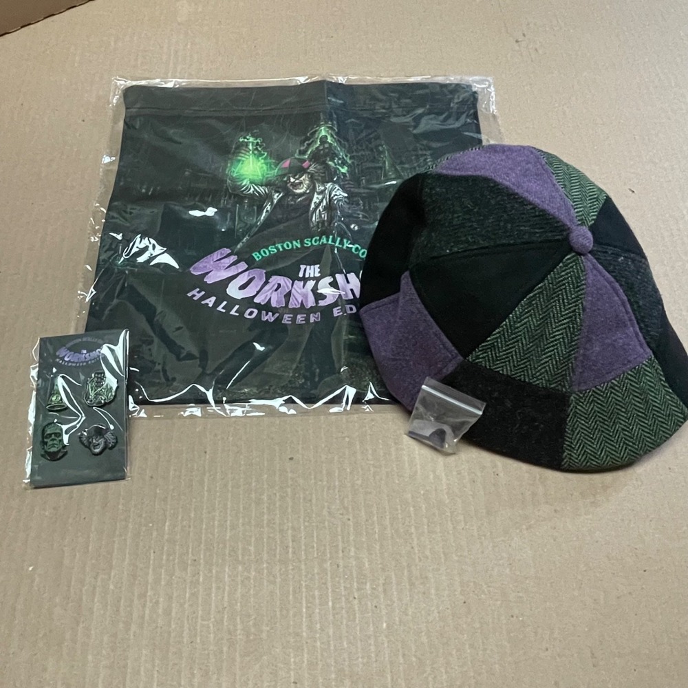 Boston Scally ML The Workshop Halloween Mad Scientist Patchwork Cap Dustbag Pins